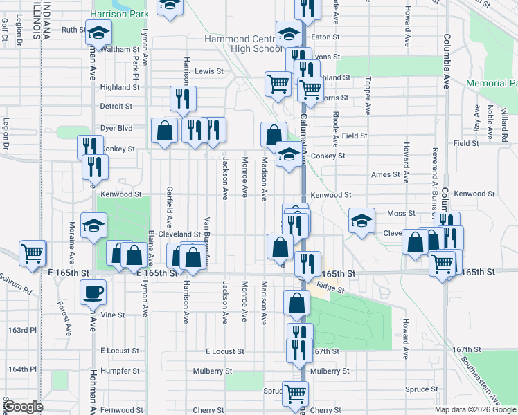 map of restaurants, bars, coffee shops, grocery stores, and more near 6336 Madison Avenue in Hammond