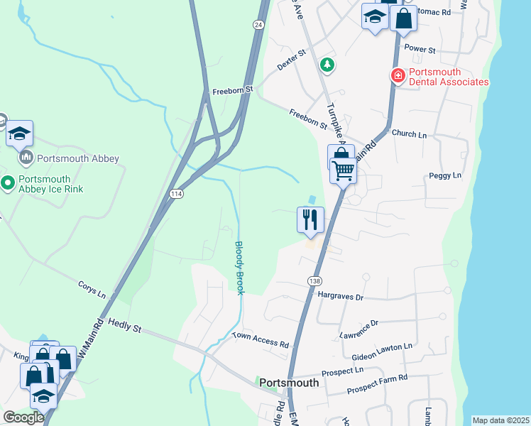 map of restaurants, bars, coffee shops, grocery stores, and more near 125 Quaker Hill Lane in Portsmouth