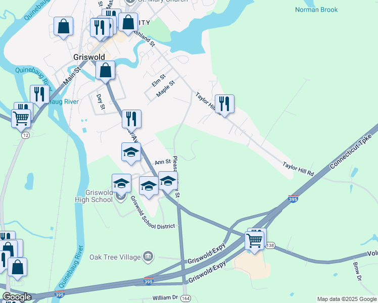 map of restaurants, bars, coffee shops, grocery stores, and more near 122 Pleasant View Street in Griswold