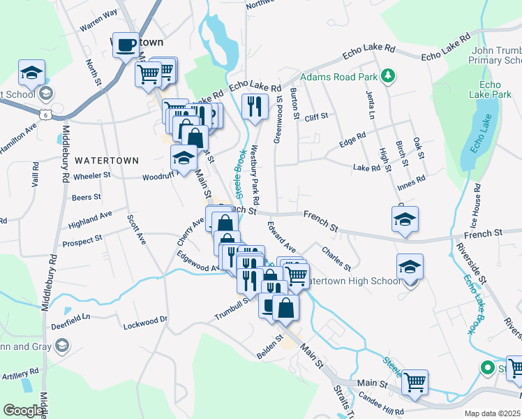 map of restaurants, bars, coffee shops, grocery stores, and more near 102 French Street in Watertown