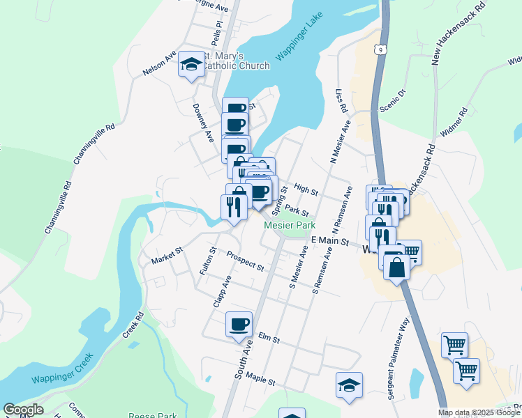 map of restaurants, bars, coffee shops, grocery stores, and more near 2653 East Main Street in Wappingers Falls