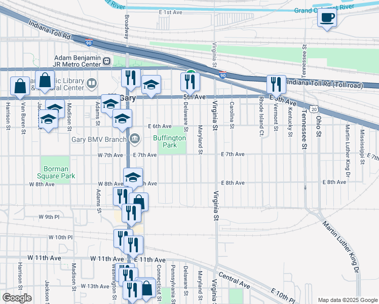 map of restaurants, bars, coffee shops, grocery stores, and more near 716 Maryland Street in Gary