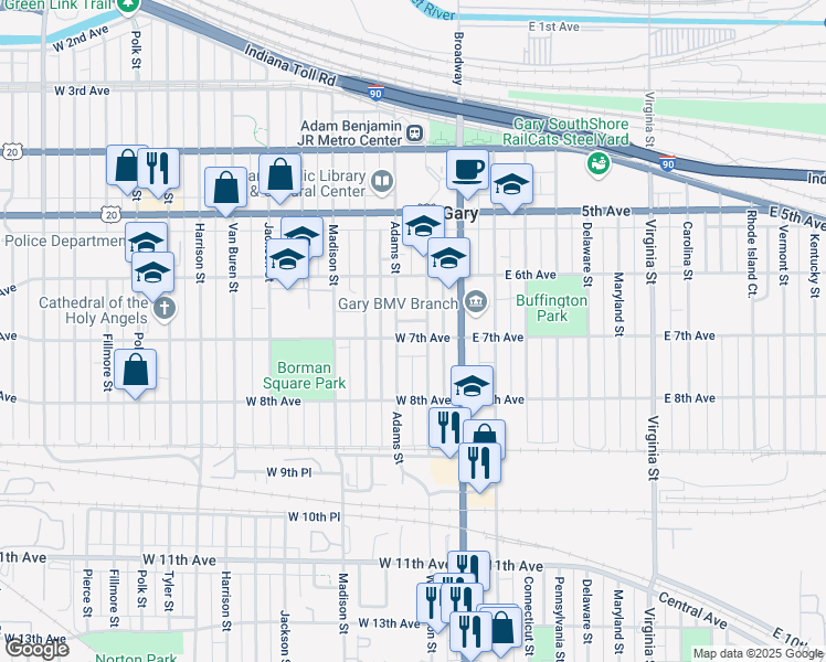 map of restaurants, bars, coffee shops, grocery stores, and more near 717 Adams Street in Gary