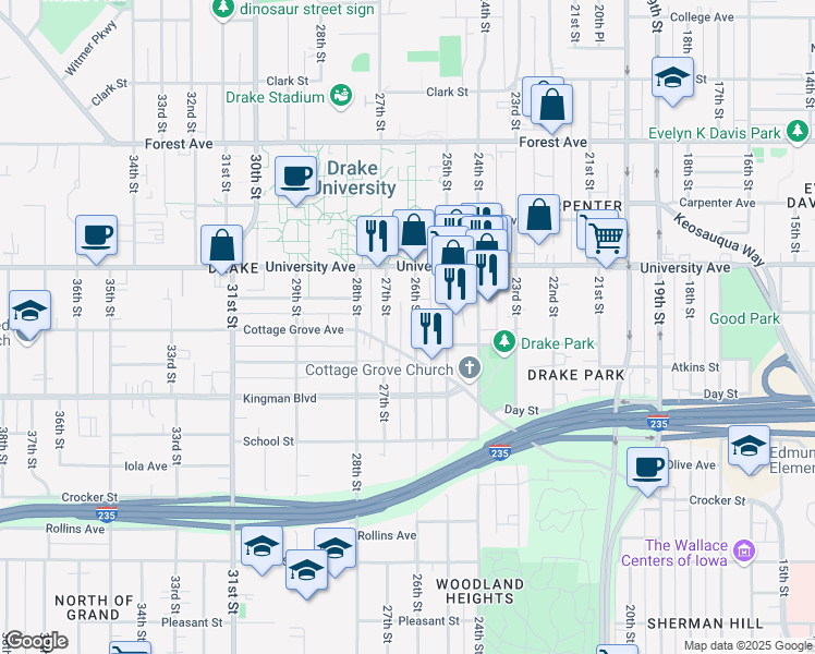 map of restaurants, bars, coffee shops, grocery stores, and more near 1100 26th Street in Des Moines