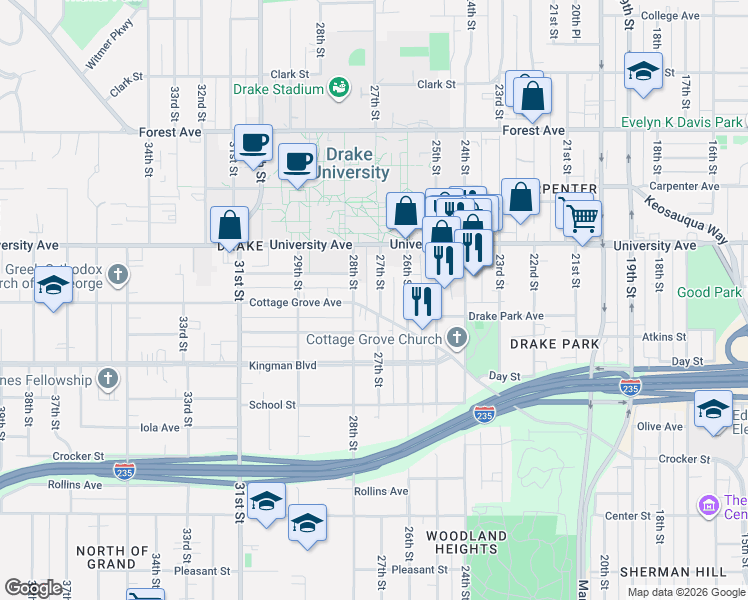 map of restaurants, bars, coffee shops, grocery stores, and more near 2704 Cottage Grove Avenue in Des Moines