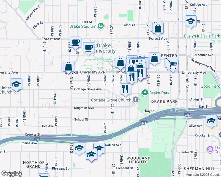 map of restaurants, bars, coffee shops, grocery stores, and more near 2704 Cottage Grove Avenue in Des Moines