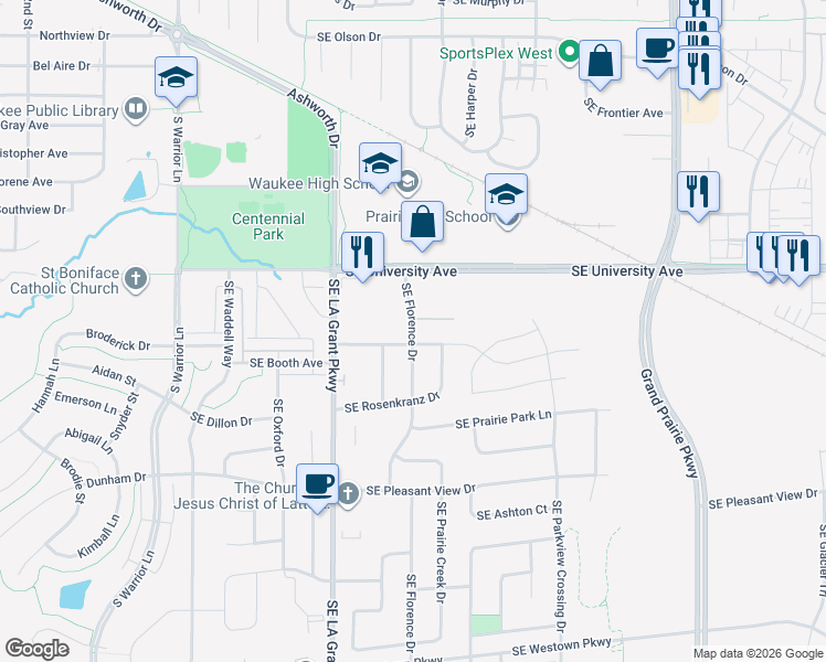 map of restaurants, bars, coffee shops, grocery stores, and more near 1400 Southeast Rosenkranz Drive in Waukee