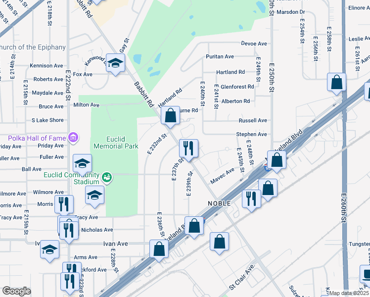 map of restaurants, bars, coffee shops, grocery stores, and more near 777 Babbitt Road in Euclid