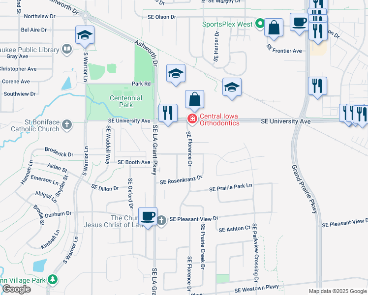 map of restaurants, bars, coffee shops, grocery stores, and more near 1360 Southeast Florence Drive in Waukee
