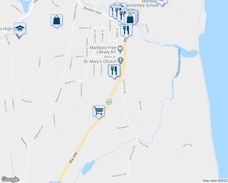 map of restaurants, bars, coffee shops, grocery stores, and more near 1166 North Route 9W in Marlboro