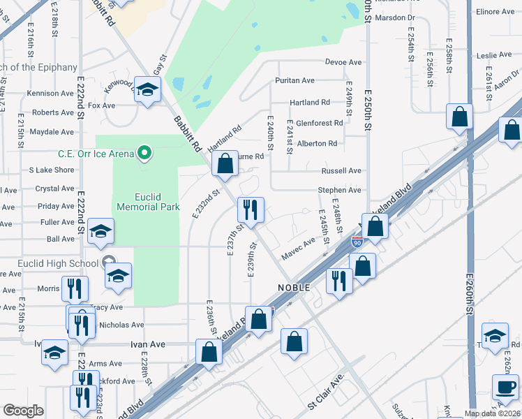 map of restaurants, bars, coffee shops, grocery stores, and more near 815 Babbitt Road in Euclid
