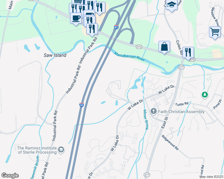 map of restaurants, bars, coffee shops, grocery stores, and more near 165 Russett Lane in Middletown