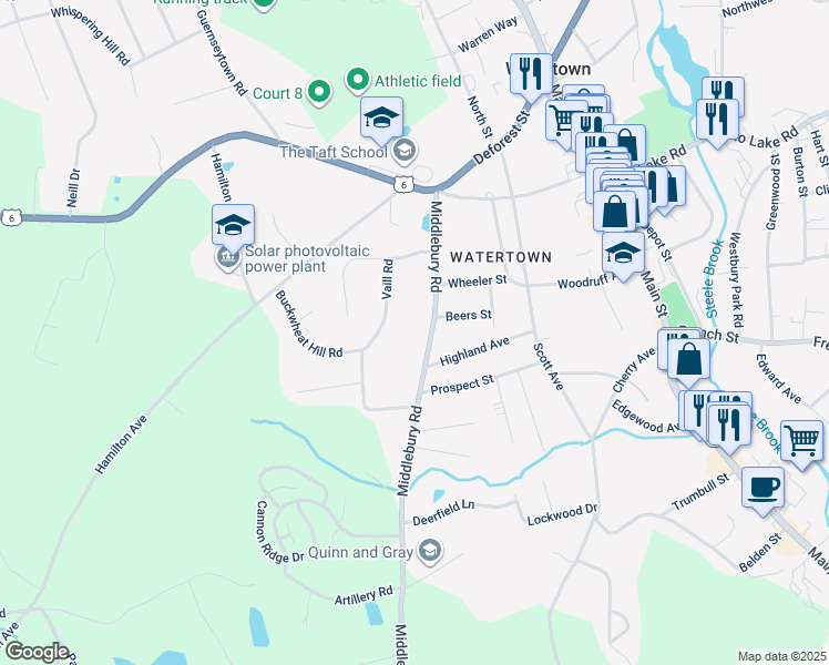 map of restaurants, bars, coffee shops, grocery stores, and more near 166 Middlebury Road in Watertown