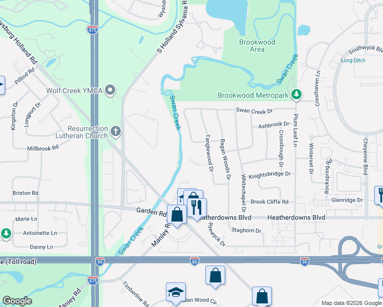 map of restaurants, bars, coffee shops, grocery stores, and more near 5941 Sweetwater Court in Toledo