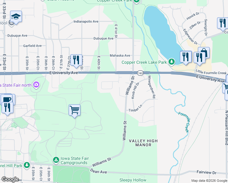 map of restaurants, bars, coffee shops, grocery stores, and more near 828 Williams Street in Des Moines