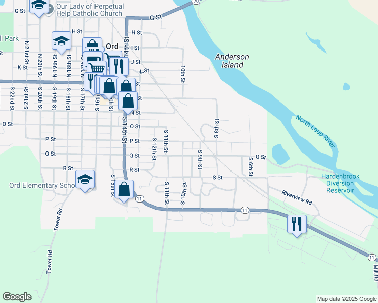 map of restaurants, bars, coffee shops, grocery stores, and more near 600-698 South 10th Street in Ord