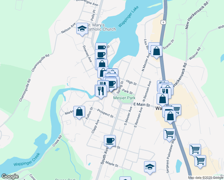 map of restaurants, bars, coffee shops, grocery stores, and more near 2653 East Main Street in Wappingers Falls