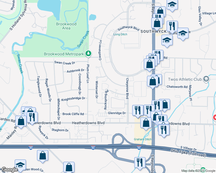 map of restaurants, bars, coffee shops, grocery stores, and more near 2311 Rockspring Road in Toledo