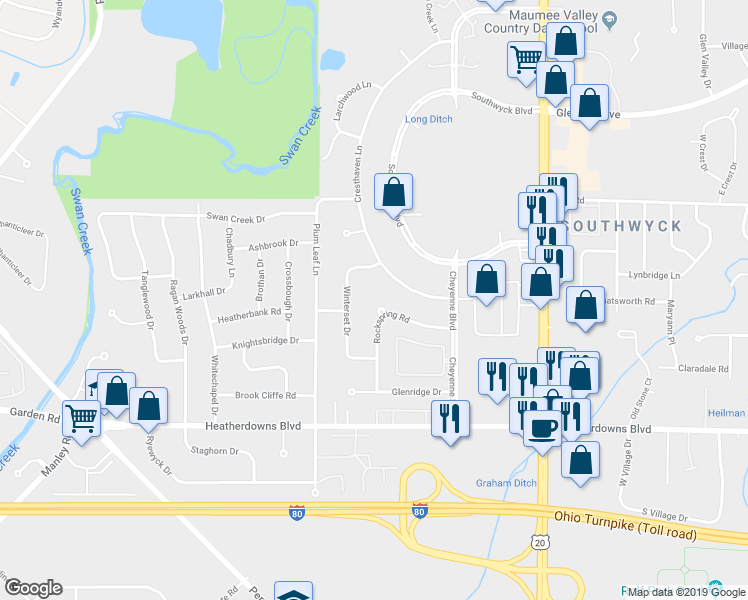map of restaurants, bars, coffee shops, grocery stores, and more near 2311 Rockspring Road in Toledo
