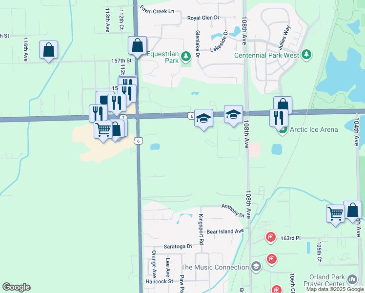 map of restaurants, bars, coffee shops, grocery stores, and more near 16101 Wolf Road in Orland Park