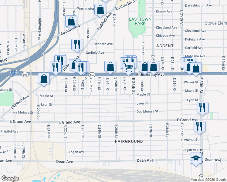 map of restaurants, bars, coffee shops, grocery stores, and more near 2427 Maple Street in Des Moines