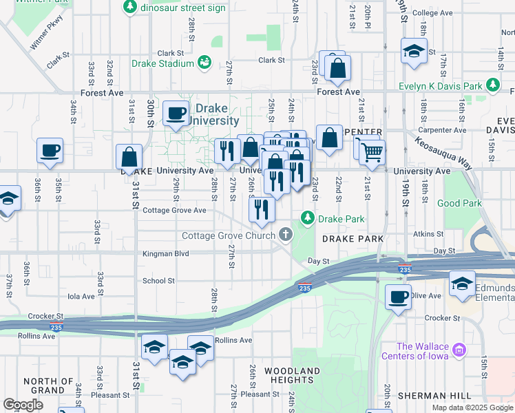 map of restaurants, bars, coffee shops, grocery stores, and more near 1100 26th Street in Des Moines