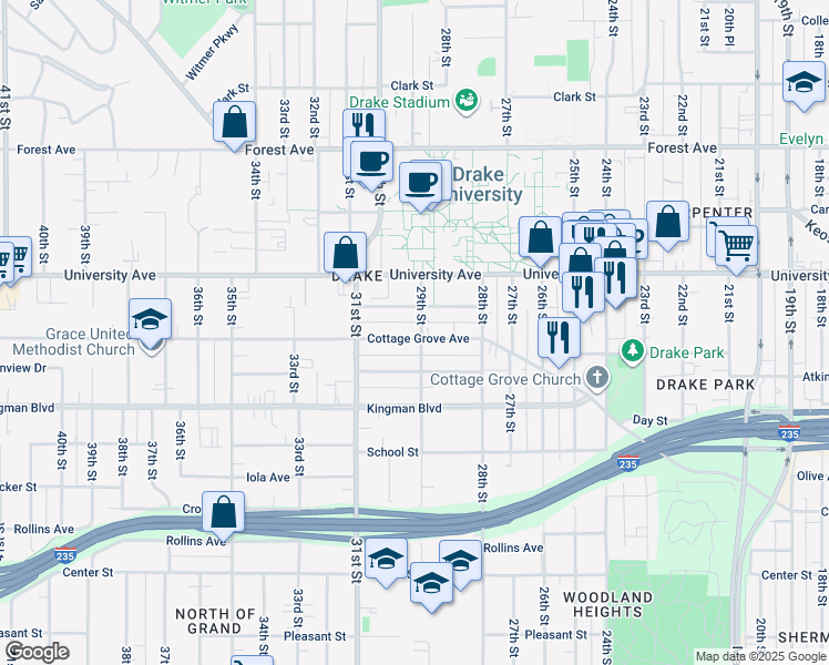map of restaurants, bars, coffee shops, grocery stores, and more near 2900 Cottage Grove Avenue in Des Moines