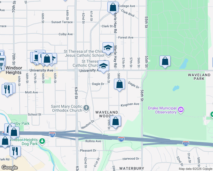 map of restaurants, bars, coffee shops, grocery stores, and more near 1104 59th Street in Des Moines