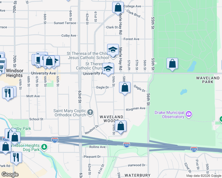 map of restaurants, bars, coffee shops, grocery stores, and more near 1104 59th Street in Des Moines