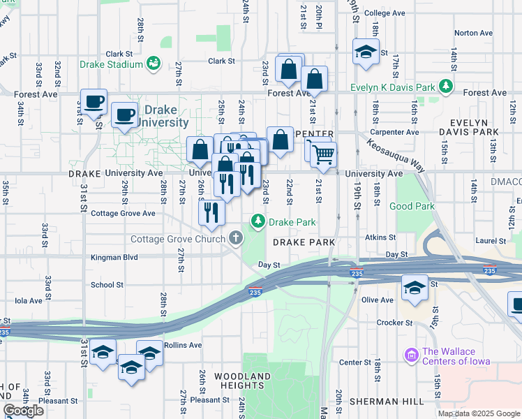 map of restaurants, bars, coffee shops, grocery stores, and more near 1079 23rd Street in Des Moines