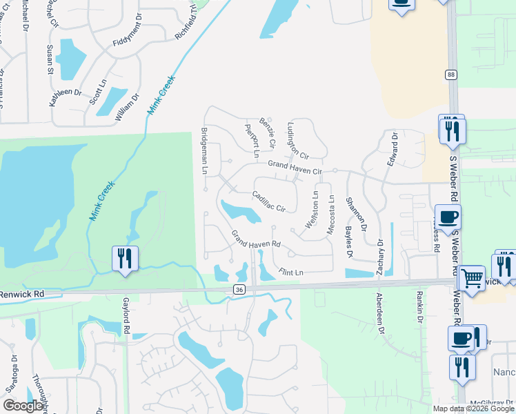 map of restaurants, bars, coffee shops, grocery stores, and more near 1520 Grand Haven Road in Romeoville