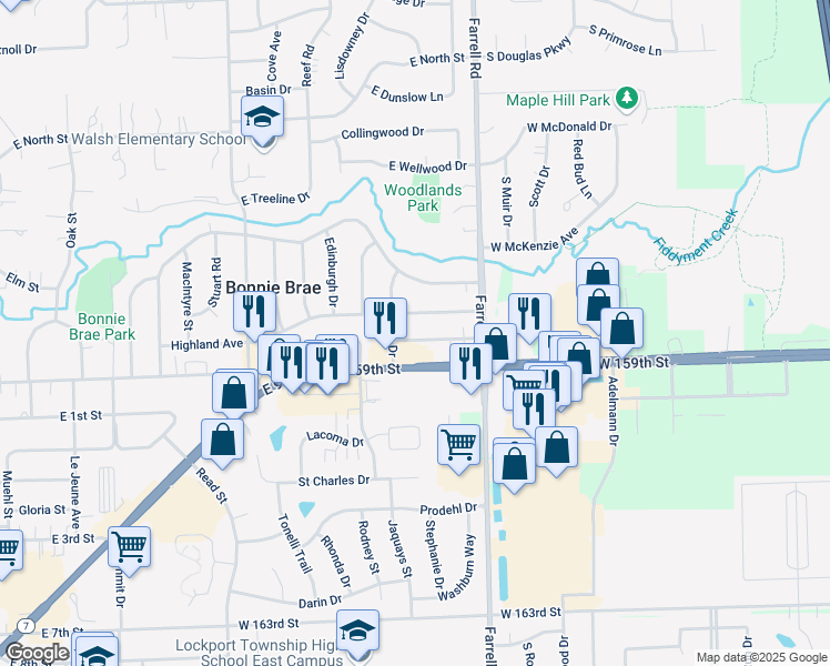 map of restaurants, bars, coffee shops, grocery stores, and more near 1304 Argo Lane in Lockport