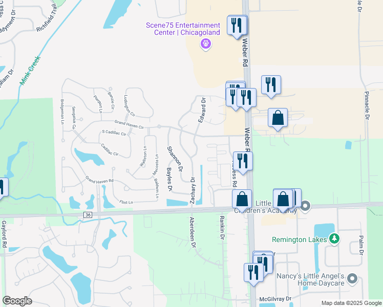 map of restaurants, bars, coffee shops, grocery stores, and more near 701 Zachary Drive in Romeoville