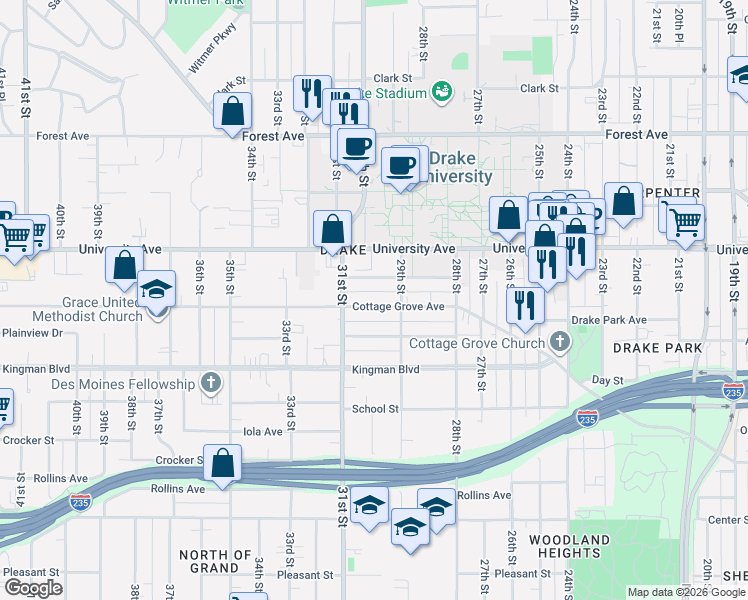 map of restaurants, bars, coffee shops, grocery stores, and more near 2919 Cottage Grove Avenue in Des Moines