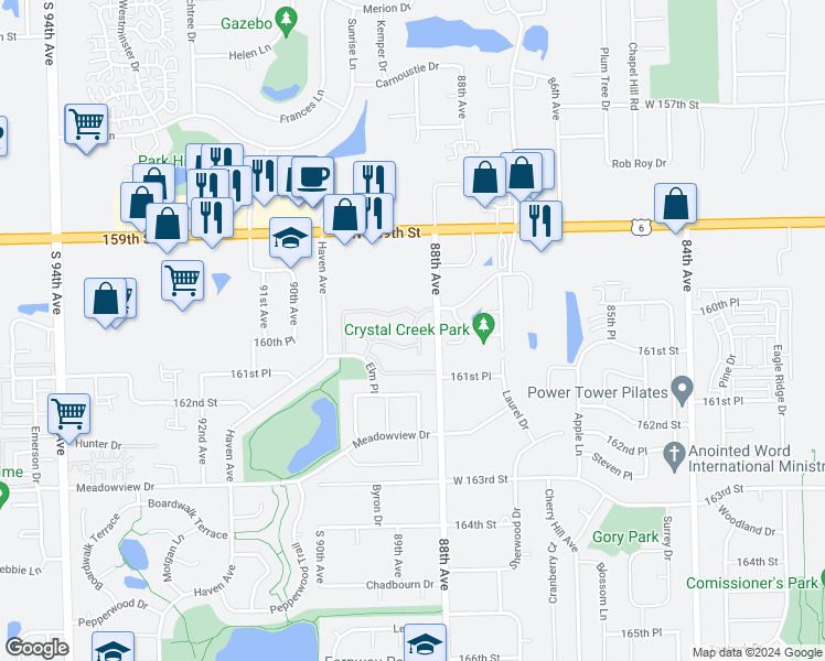 map of restaurants, bars, coffee shops, grocery stores, and more near 16000 Applewood Lane in Orland Hills