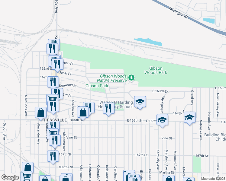 map of restaurants, bars, coffee shops, grocery stores, and more near 3129 163rd Place in Hammond