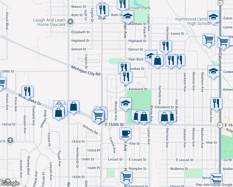 map of restaurants, bars, coffee shops, grocery stores, and more near 6301 Moraine Avenue in Hammond
