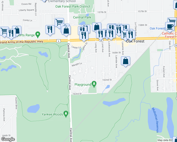 map of restaurants, bars, coffee shops, grocery stores, and more near 16101 Debra Drive in Oak Forest