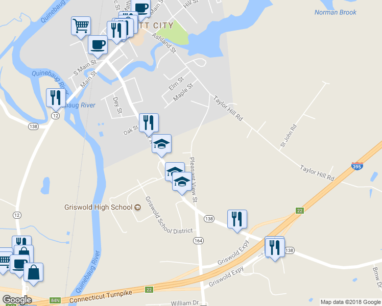 map of restaurants, bars, coffee shops, grocery stores, and more near 99 Pevner Drive in Griswold