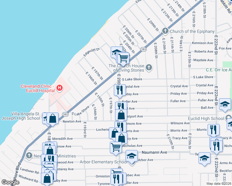 map of restaurants, bars, coffee shops, grocery stores, and more near 261 East 200th Street in Cleveland