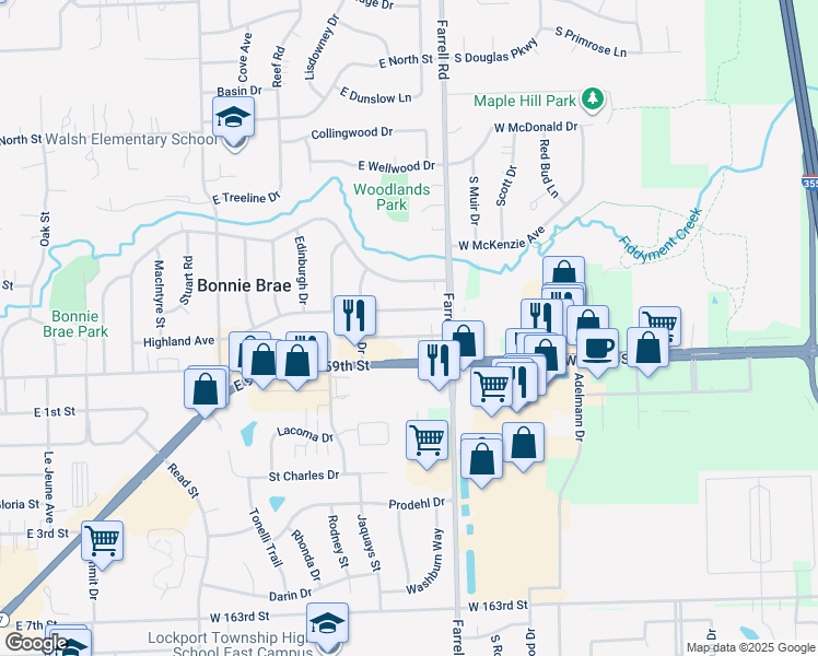 map of restaurants, bars, coffee shops, grocery stores, and more near 1316 Highland Avenue in Lockport