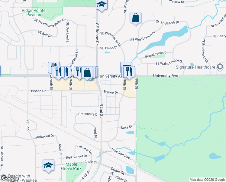 map of restaurants, bars, coffee shops, grocery stores, and more near 9080 University Avenue in Waukee