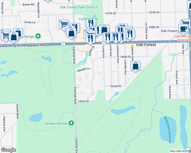 map of restaurants, bars, coffee shops, grocery stores, and more near 5443 Margie Lane in Oak Forest