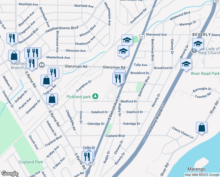 map of restaurants, bars, coffee shops, grocery stores, and more near 2841 Terrace Downs Street in Toledo
