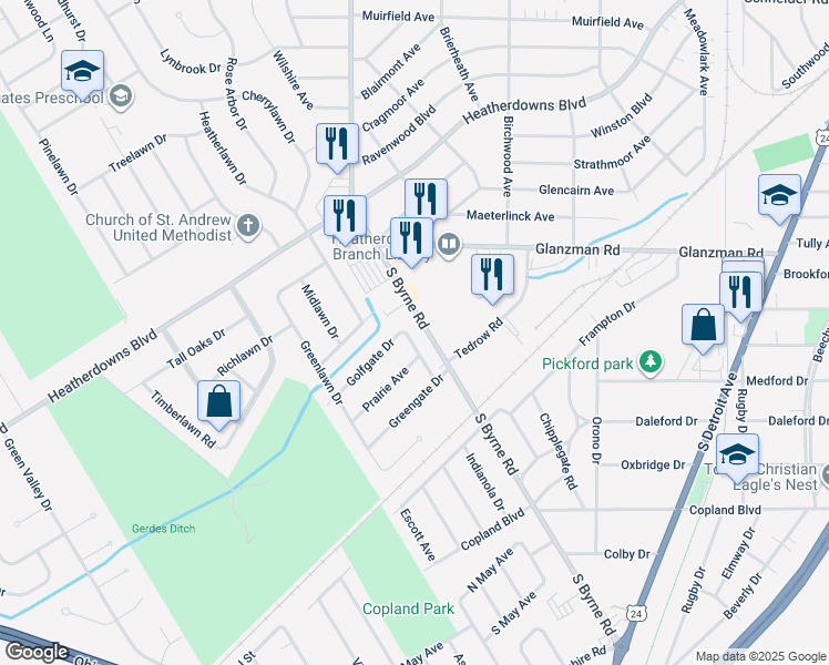 map of restaurants, bars, coffee shops, grocery stores, and more near 2237 Golfgate Drive in Toledo
