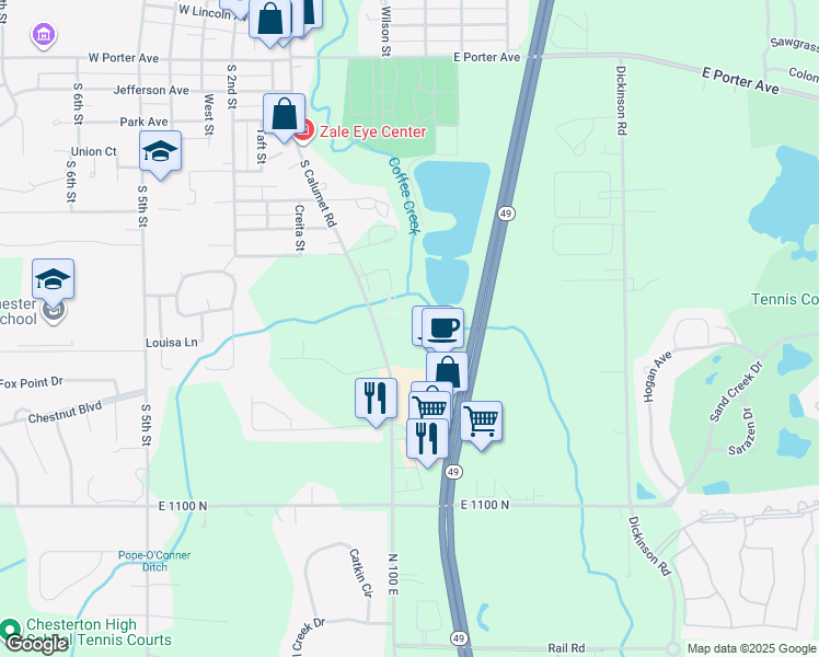 map of restaurants, bars, coffee shops, grocery stores, and more near 120 Abbey Lane in Chesterton
