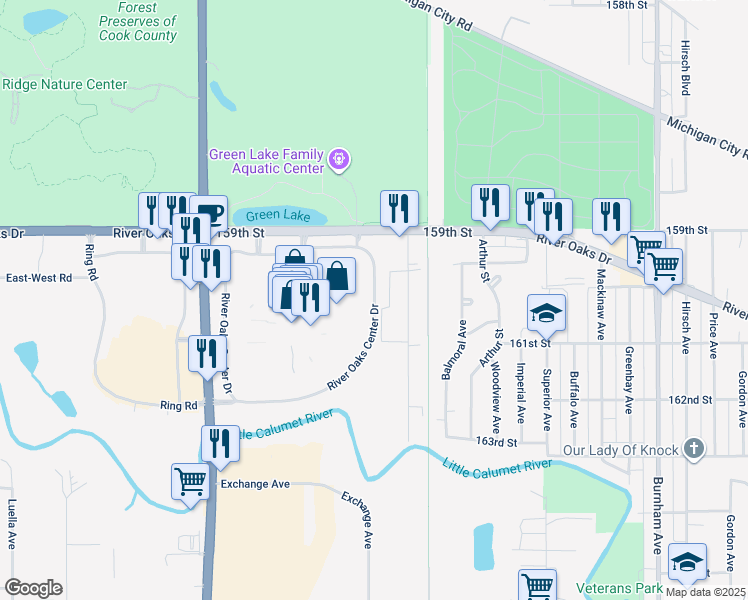 map of restaurants, bars, coffee shops, grocery stores, and more near 1249 River Oaks Center Drive in Calumet City