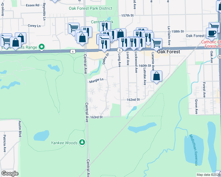 map of restaurants, bars, coffee shops, grocery stores, and more near 5443 Margie Lane in Oak Forest