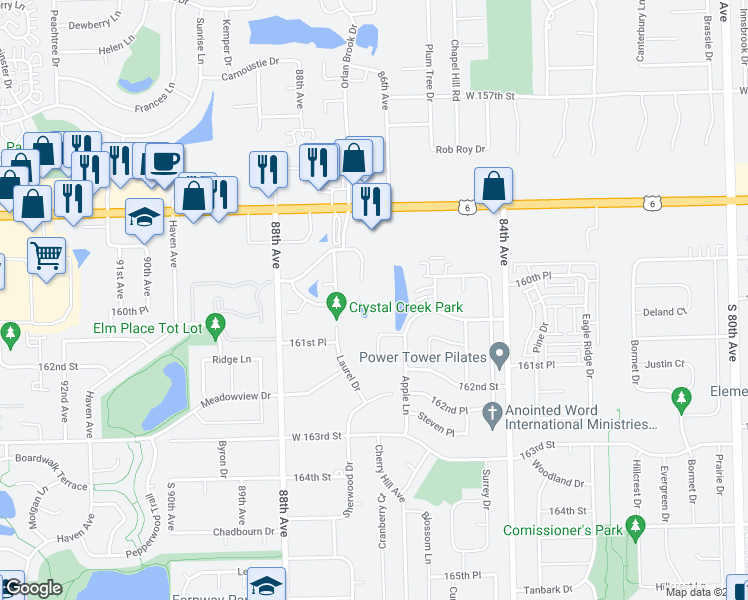 map of restaurants, bars, coffee shops, grocery stores, and more near 16008 Crystal Creek Drive in Orland Park