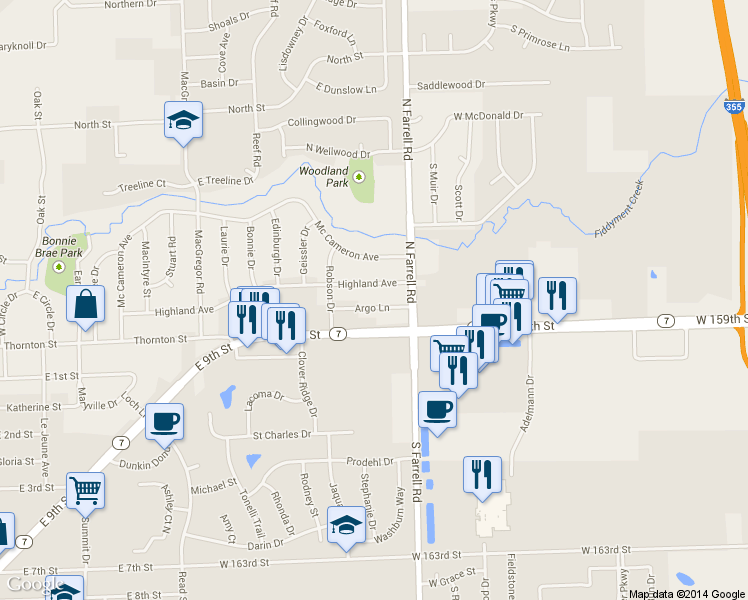 map of restaurants, bars, coffee shops, grocery stores, and more near 1316 Highland Avenue in Lockport